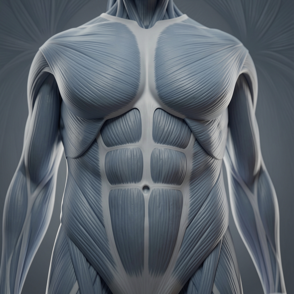 Anatomical illustration style image of layered muscle structures in soft blue and grey tones, representing the complexity of human musculature