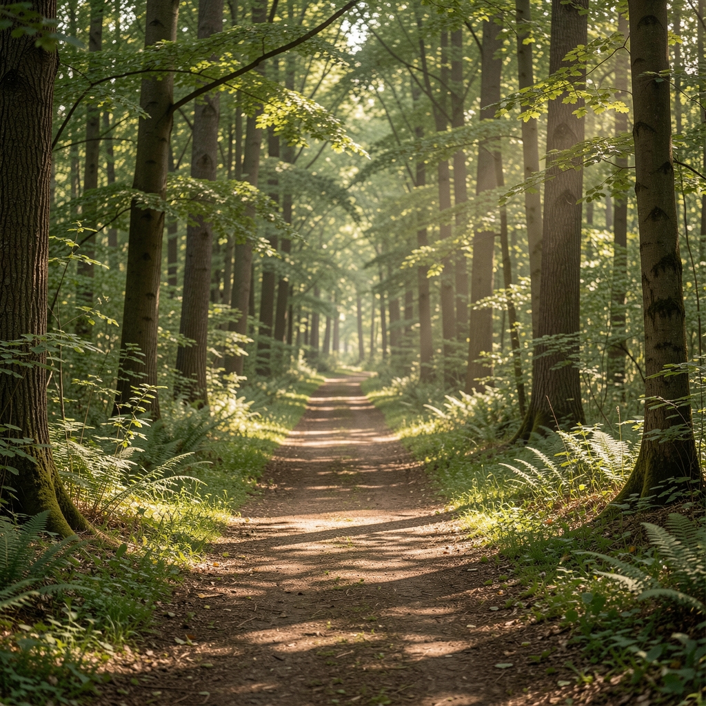 Serene morning landscape with soft light filtering through tree canopy over a quiet path, evoking calm reflection and a sense of grounded wellbeing